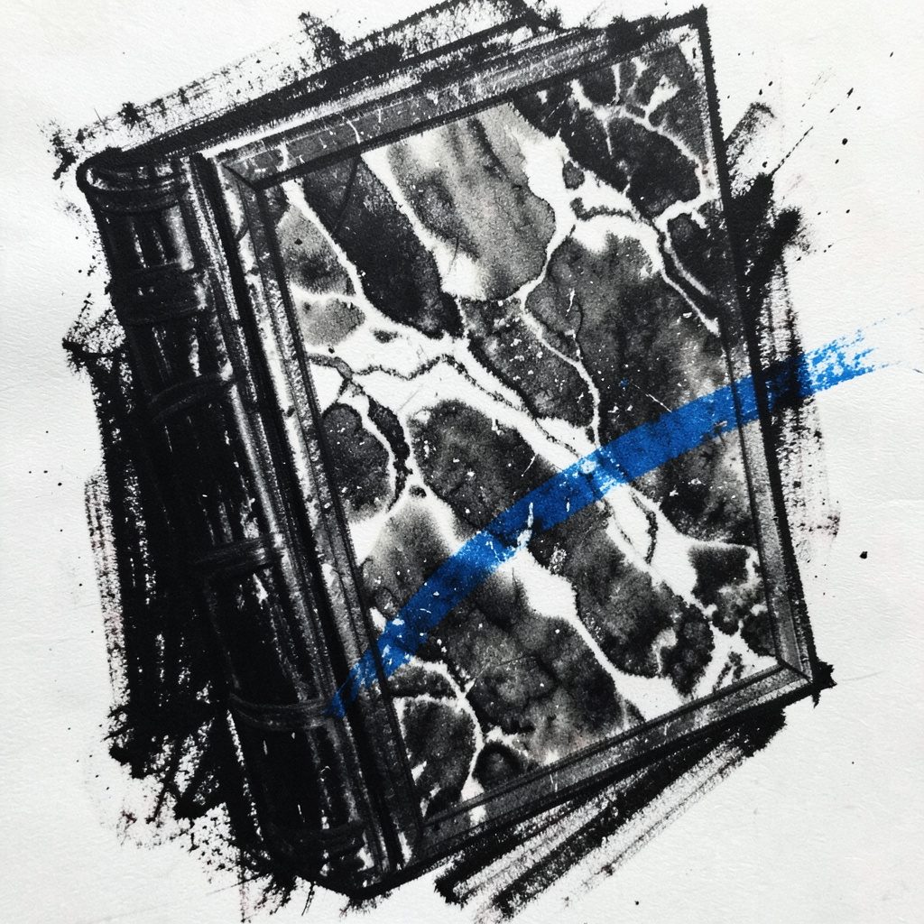 Bold charcoal drawing of a classical poetry volume with marbled cover.