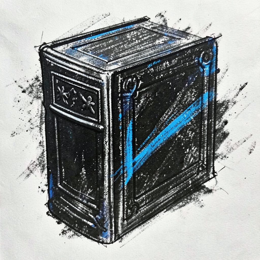 Bold charcoal drawing of a thick hardcover history book with embossed spine.