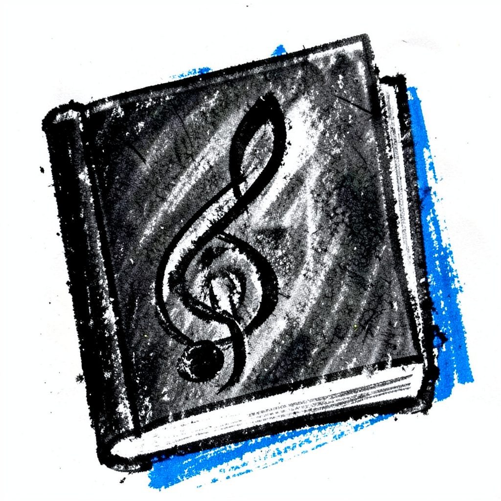 Bold charcoal drawing of a songwriting reference book with a treble clef motif.