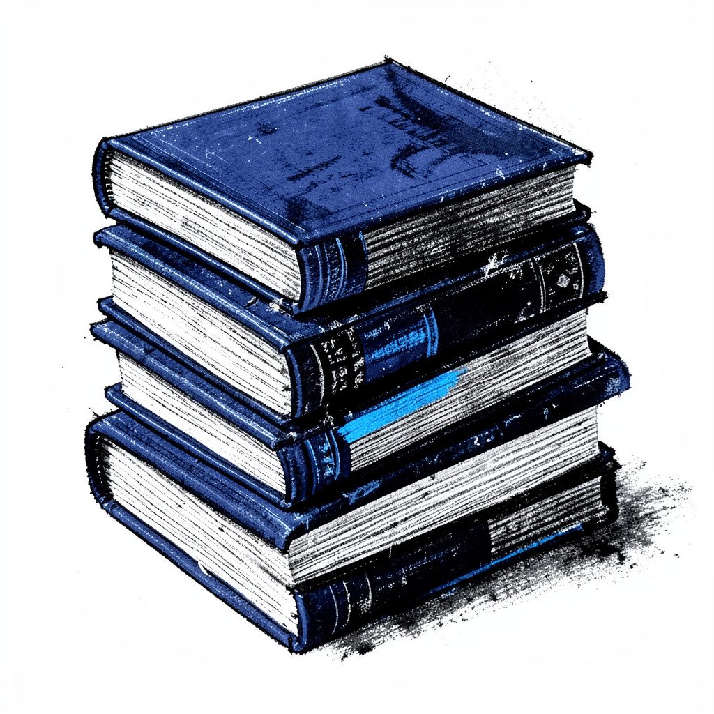 Bold charcoal drawing of stacked business language textbooks in navy and white.