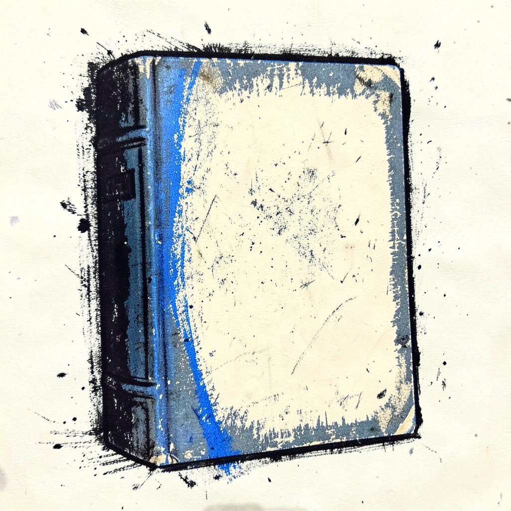Bold charcoal drawing of a vintage French book cover in cream and slate blue.