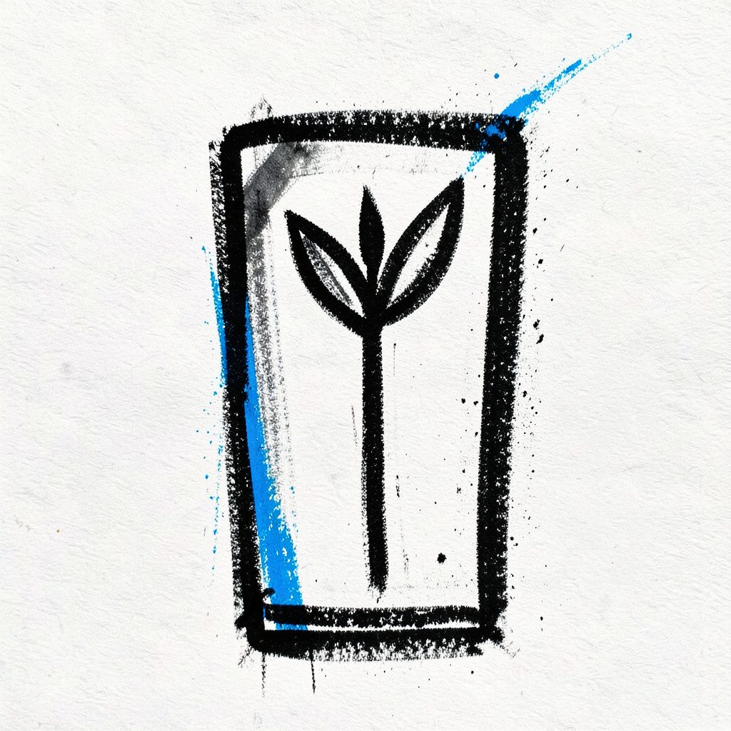 Bold charcoal drawing of a slim wellness guide with a leaf emblem.