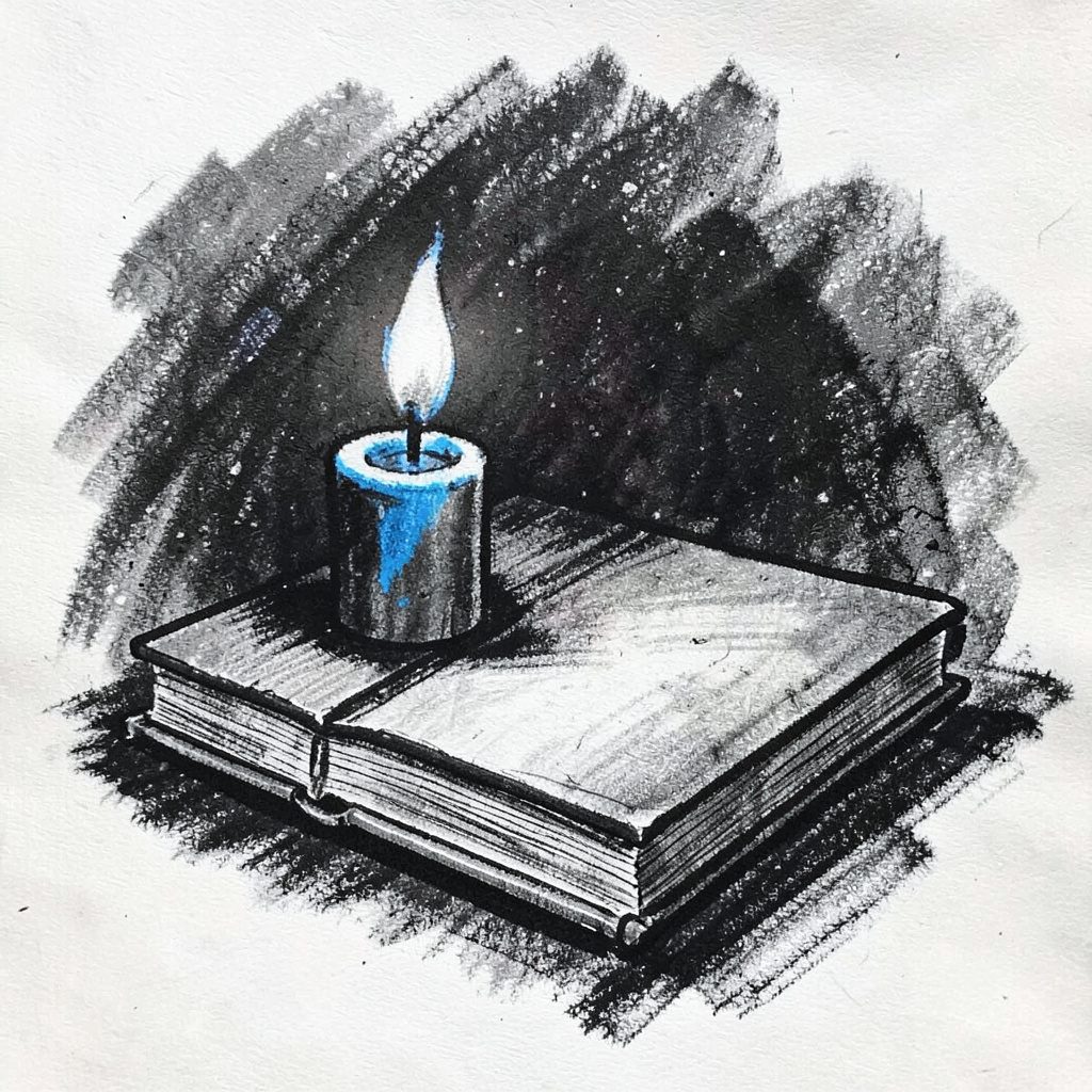 Charcoal illustration of a single lit candle beside a closed book, evoking a quiet study.