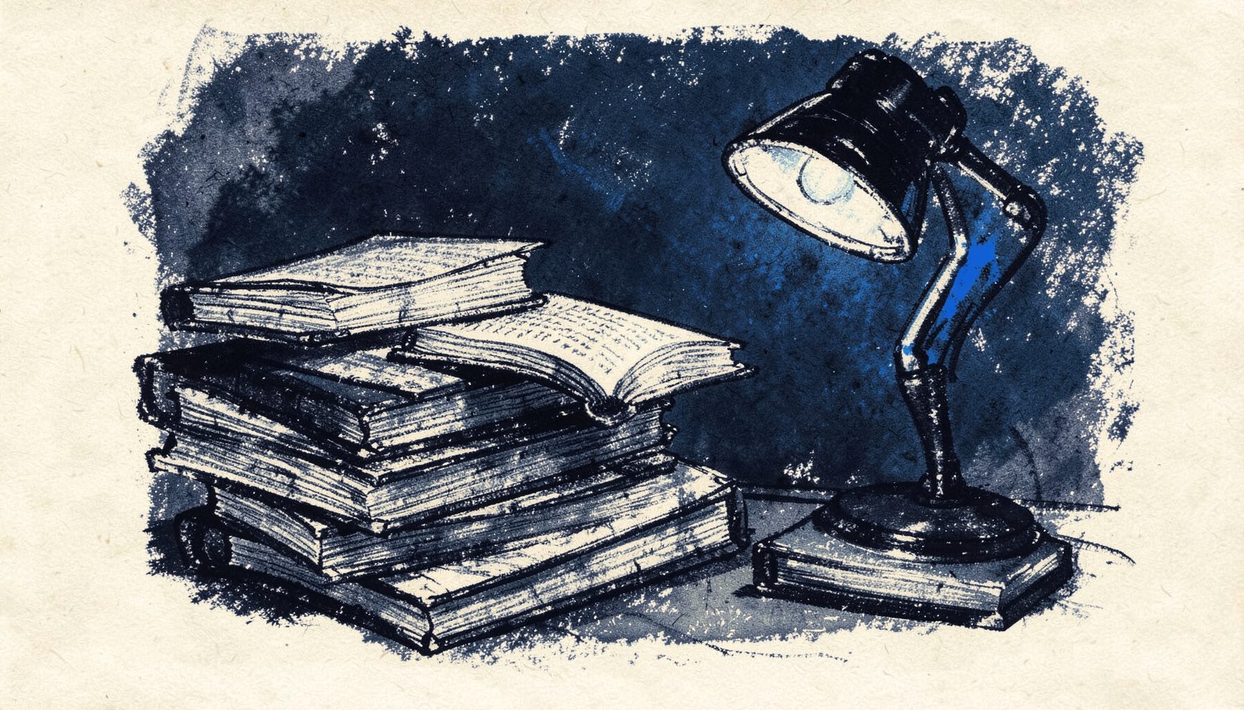 A bold charcoal drawing of stacked open books and a reading lamp in deep navy and soft cream tones, conveying a quiet library mood.
