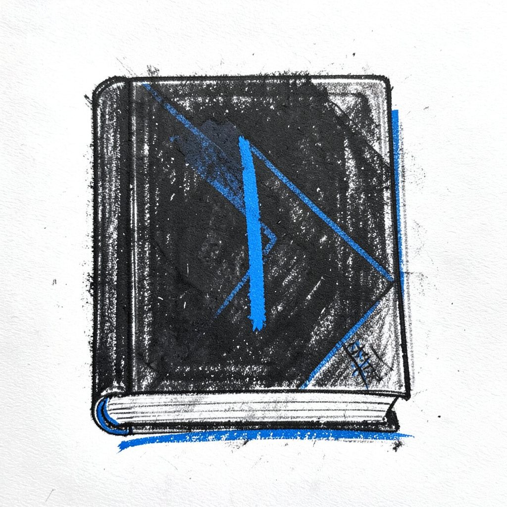 Bold charcoal drawing of a single science textbook with a clean geometric cover.