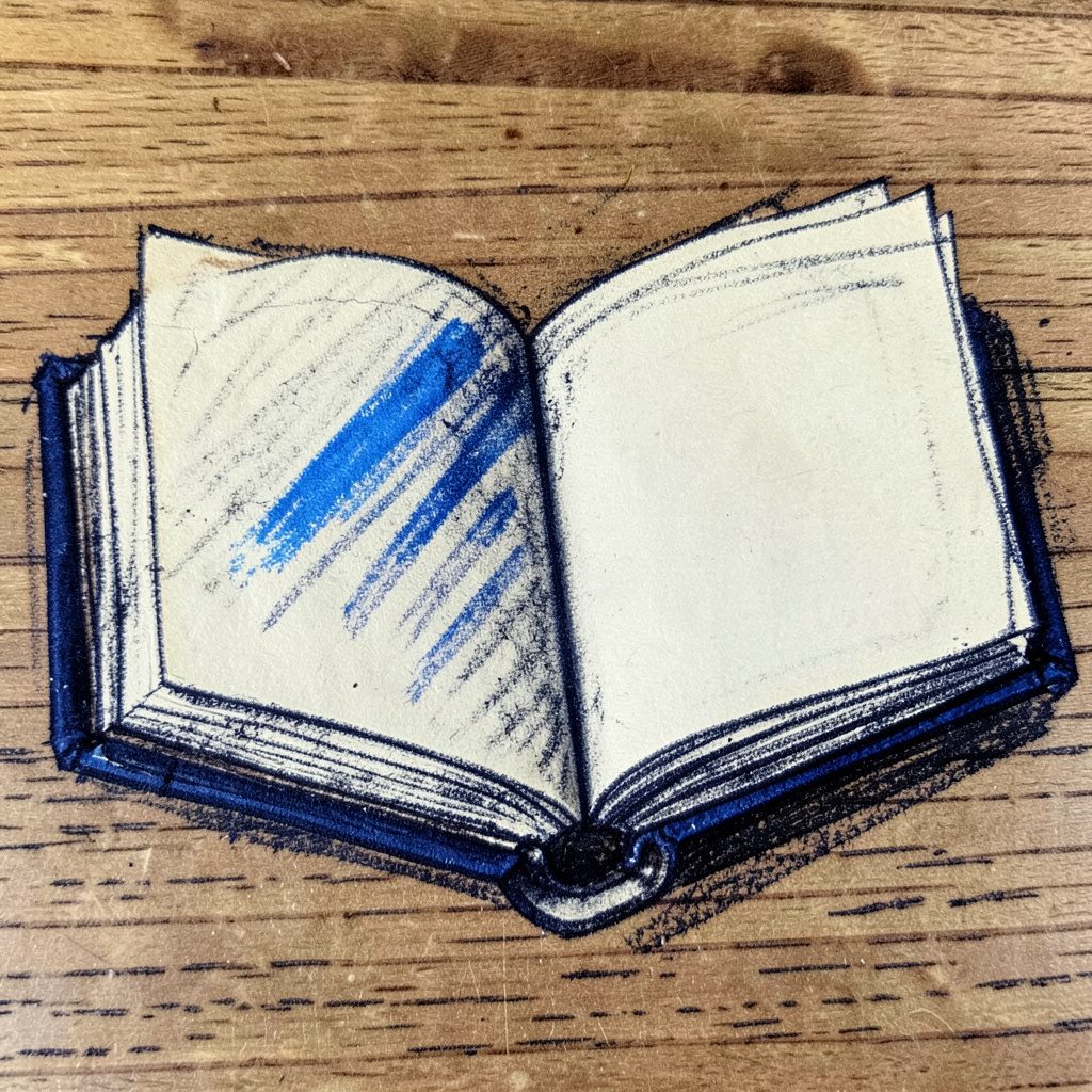 Charcoal illustration of an open hardcover book resting on a wooden surface, soft cream pages against deep navy.