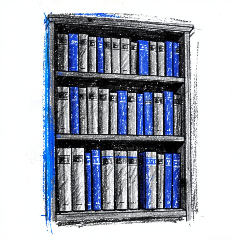 Charcoal illustration of a tall library shelf with neatly arranged spines in slate and royal blue.